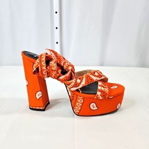 Nn Orange Bandana Scarf Tie Wrap Platform Block Heels Size 10